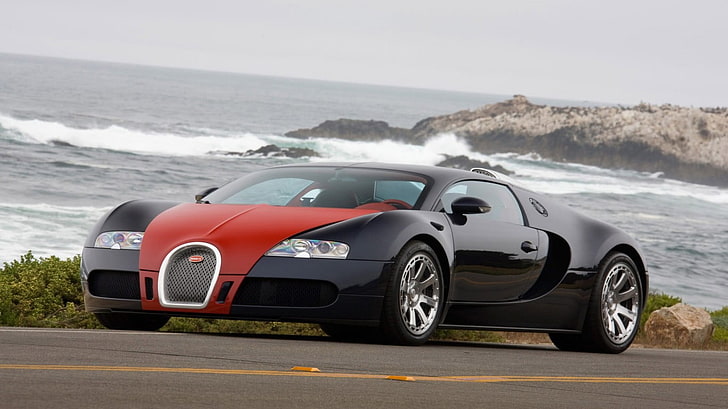 черно-красный Bugatti Veyron купе, суперкар, автомобиль, море, HD обои