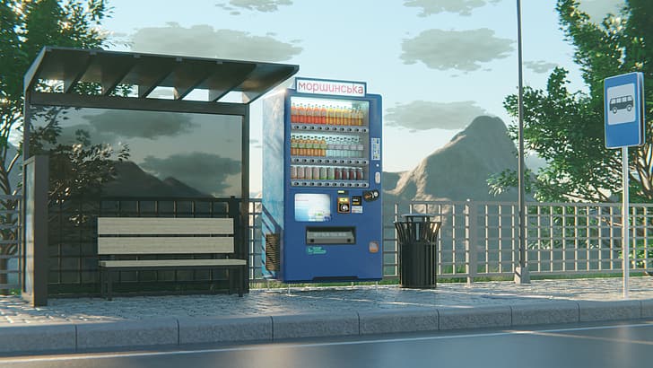 vending machine, bus stop, Blender, street, soda, digital art, sky, clouds, trash bin, trees, fence, bench, HD wallpaper