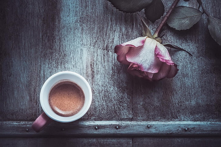 taza de cerámica blanca sobre superficie marrón, flores, rosa, taza, café, Fondo de pantalla HD