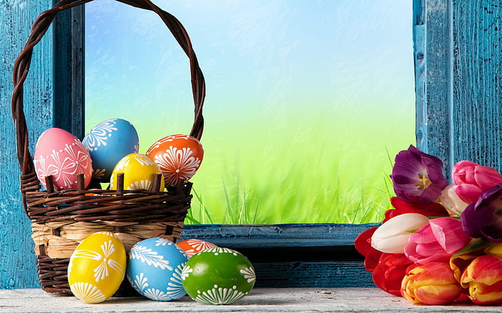 Happy Easter, colorful eggs, basket, tulips, flowers, Happy, Easter, Colorful, Eggs, Basket, Tulips, Flowers, HD wallpaper