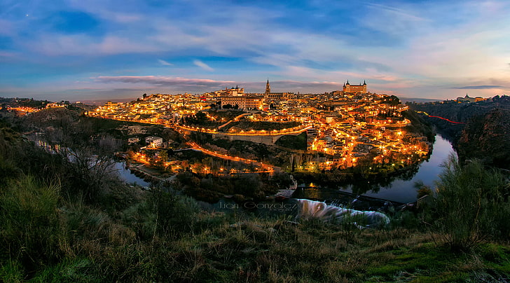 şehir, ışıklar, akşam, İspanya, Toledo, Tagus nehri, HD masaüstü duvar kağıdı