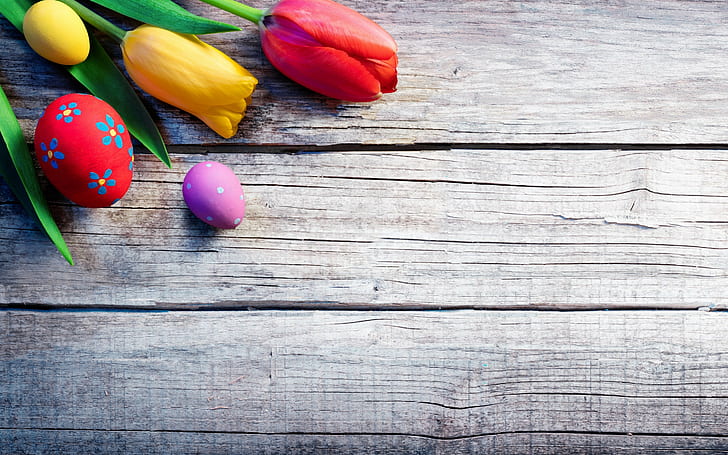 Easter, eggs, Krashenki, flowers, tulips, celebration, plank, eggs, Krashenki, HD wallpaper
