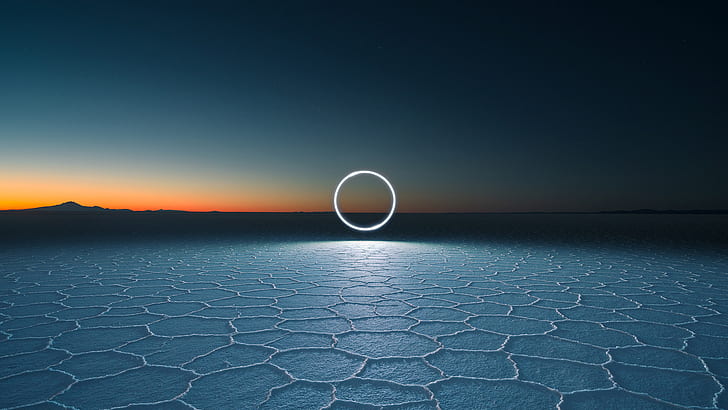 Reuben Wu, długa ekspozycja, fotografia, krąg, słone jeziora, zachód słońca, Tapety HD