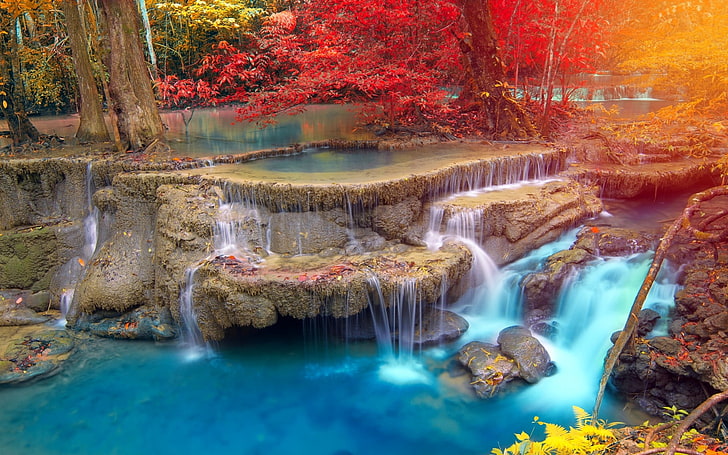 живопись реки в лесу, живопись водопадов, пейзаж, водопад, природа, деревья, Таиланд, осень, красочный, тропический, HD обои