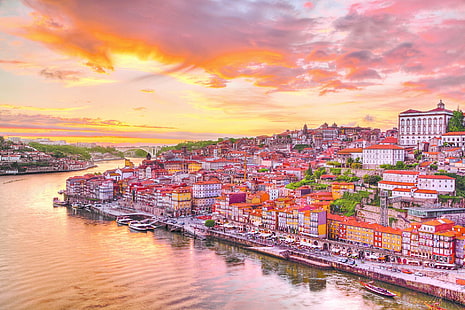 مدن ، بورتو ، قارب ، مدينة ، ملونة ، منزل ، البرتغال ، غروب الشمس، خلفية HD HD wallpaper