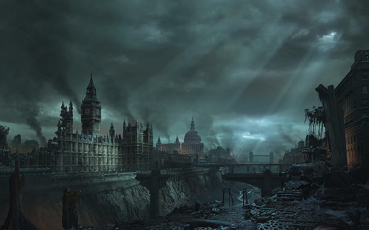 ben, big, blue, buildings, cityscapes, clouds, destruction, london, HD wallpaper