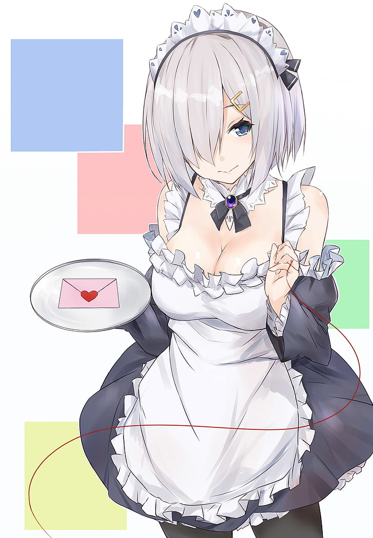 cleavage, Hamakaze (KanColle), maid outfit, Kantai Collection, pantyhose, white  background, maid, HD wallpaper