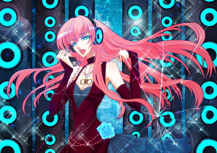 pink haired girl illustration, vocaloid, girl, pink hair, headphones, HD wallpaper