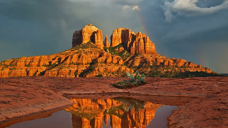 Reflection Of Rainbow Cathedral Rock Formation, monument valley navajo tribal park, pond, rainbow, rocks, reflection, cactus, desert, nature and landscapes, HD wallpaper