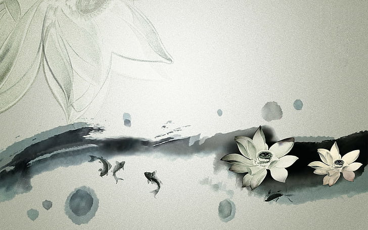 Fish Koi Fish Flowers Drawing Asian HD, digital/artwork, drawing, flowers, fish, asian, koi, HD wallpaper