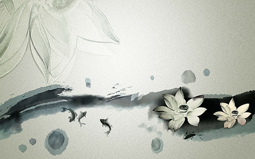 Fish Koi Fish Flowers Drawing Asian HD, дигитално / произведения на изкуството, рисуване, цветя, риба, азиатски, koi, HD тапет HD wallpaper