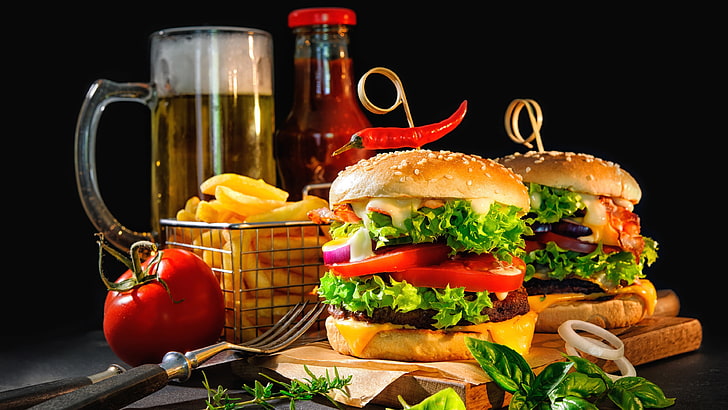 makanan cepat saji, makanan cepat saji, makanan, hamburger, sandwich, bir, makanan ringan, kentang goreng, burger keju, makanan Amerika, Wallpaper HD