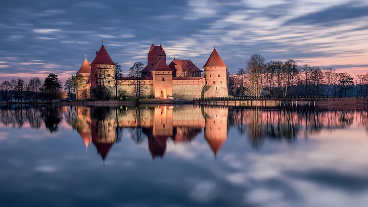 castle, trakai island, lithuania, europe, lake, galvė, history, reflection, reflected, HD wallpaper