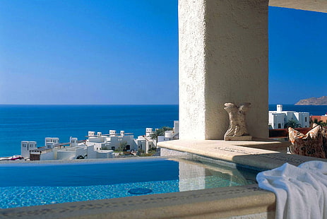 Jacuzzi with Sea View, pool, greece, swimming, view, island, greek, islands, mediterranean, jacuzzi, ocean, blue, HD wallpaper HD wallpaper
