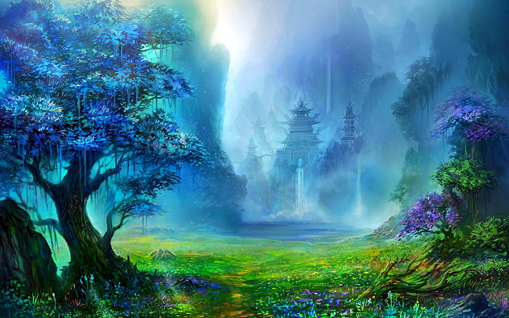 Schlossmalerei, Fantasiekunst, Pagode, asiatische Architektur, Bäume, Wasserfall, Grafik, Berge, digitale Kunst, Natur, Landschaft, Wasser, HD-Hintergrundbild