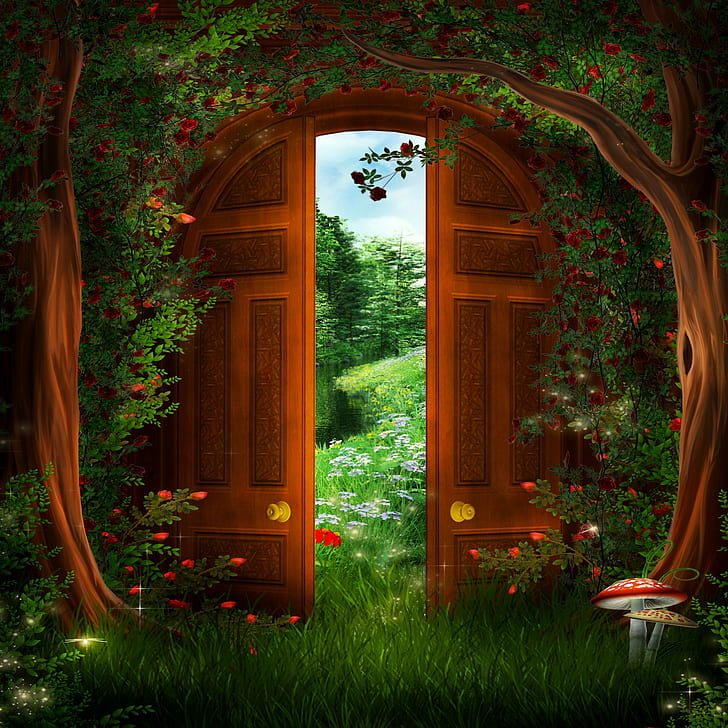 Dream Garden, brown and green flowers and door painting, outer space, future, fairy, lovely place, magic, beautiful, flowers, peaceful, splendor, dream, infi, HD wallpaper