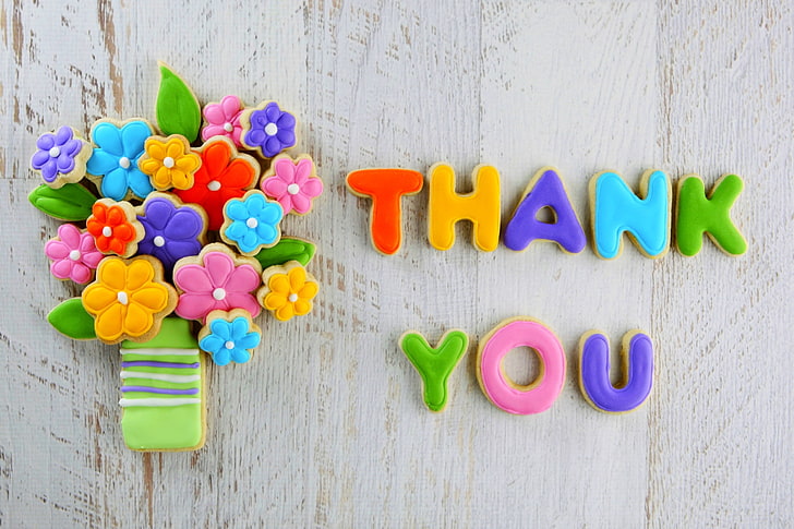 multicolored thank you wall decor, flowers, food, bouquet, cookies, dessert, sweet, thank you, biscuits, HD wallpaper