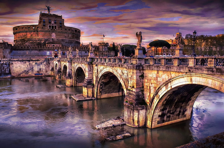 коричнево-белый мост иллюстрация, небо, облака, мост, река, Рим, Италия, Тибр, Кастель Сант-Анджело, HD обои
