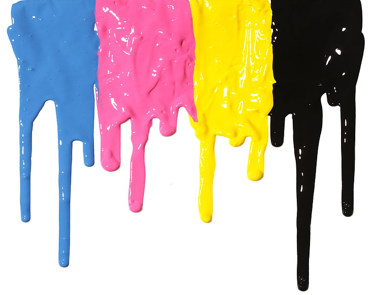 blue, pink, yellow, and black paint splash, paint, colors, stains, dripping, acrylic, HD wallpaper