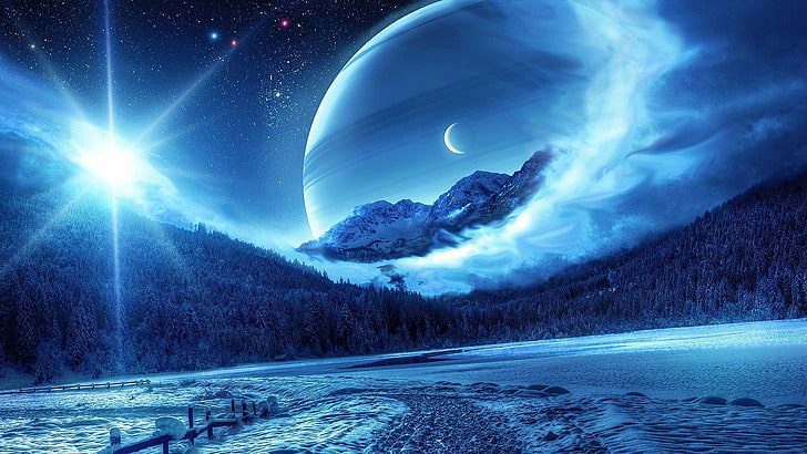 paisagem de fantasia, arte de fantasia, planeta, congelamento, inverno, montanha, azul, HD papel de parede