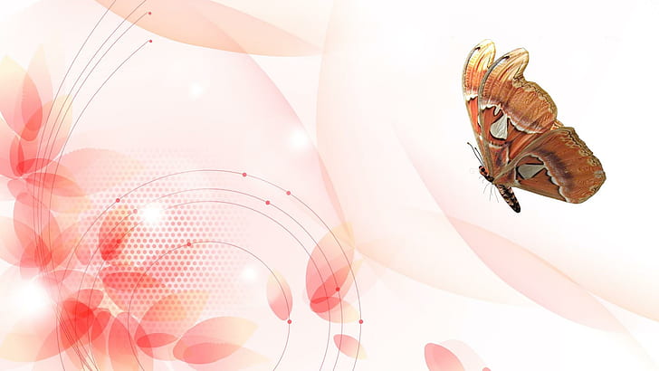 Ailes de pétales, illustration de papillon brun, personnage de Firefox, fumée, papillon, corail, fleurs, rose, scintille, pétales, lueur, taches, 3d et abstrait, Fond d'écran HD