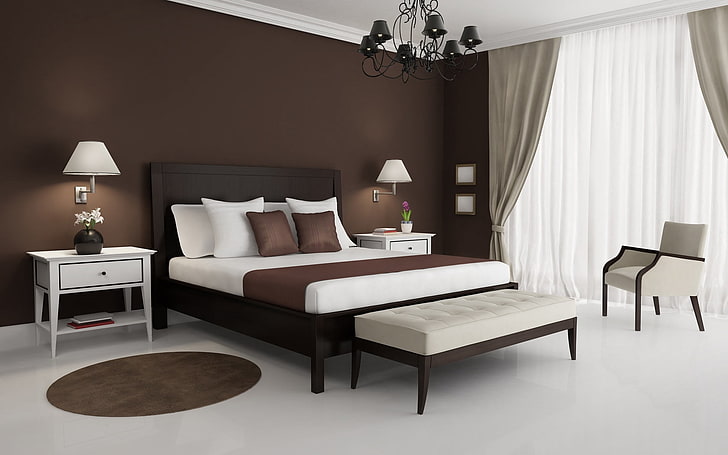سرير خشبي بني وفراش أبيض ، فندق ، غرفة ، سرير ، أثاث ، فاخر، خلفية HD