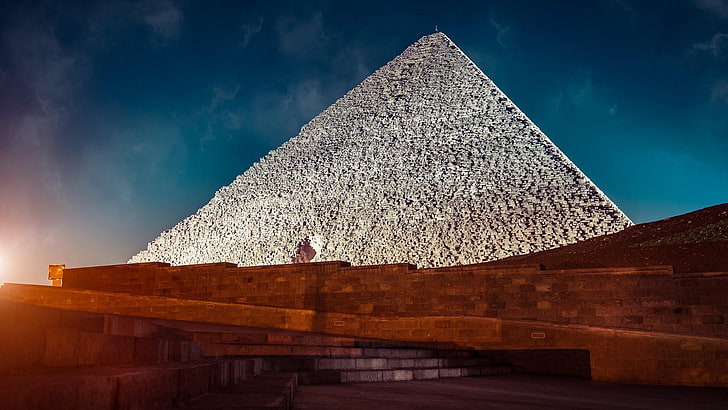 pyramid, ancient, sky, monument, great pyramid of giza, tourist attraction, giza, historical, ancient history, night, al haram, egypt, history, HD wallpaper