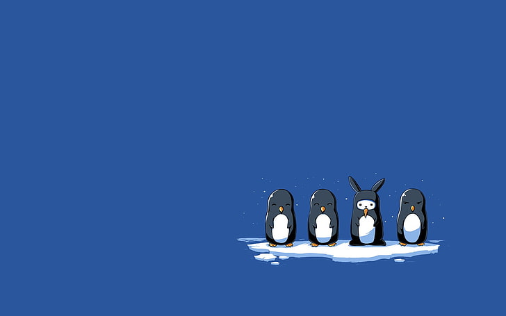 simple, rabbits, humor, blue, simple background, blue background, ice, animals, minimalism, penguins, HD wallpaper