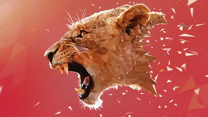 tiger head illustration, tiger mosaic photo, lion, Adobe Illustrator, animals, low poly, digital art, pink, HD wallpaper