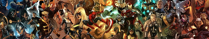 Illustration de super héros de Marvel Univers, affiches de super-héros assorties, bandes dessinées de Marvel, Iron Man, veuve noire, Captain America, Thor, Spider-Man, Wolverine, Dr. Doom, comics, Fond d'écran HD