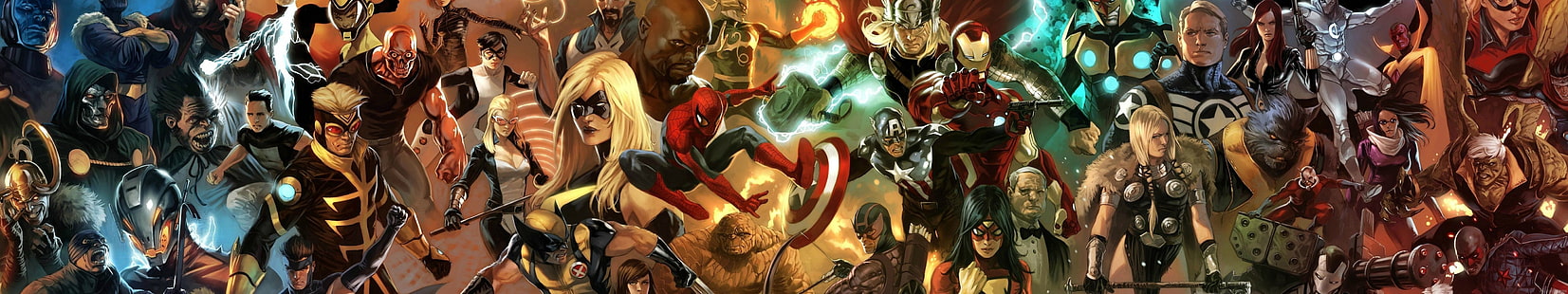 Illustration de super héros de Marvel Univers, affiches de super-héros assorties, bandes dessinées de Marvel, Iron Man, veuve noire, Captain America, Thor, Spider-Man, Wolverine, Dr. Doom, comics, Fond d'écran HD HD wallpaper