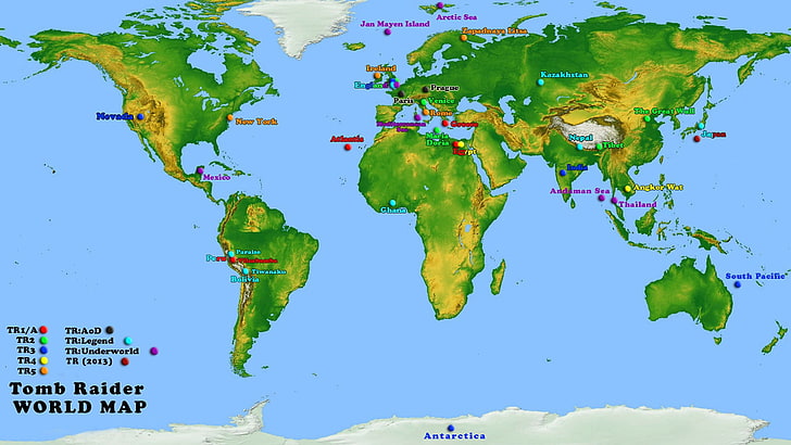 carte du monde Tomb Raider bleue et verte, carte du monde, Tomb Raider, Fond d'écran HD