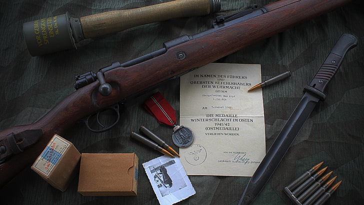 gun bolt action rifle mauser mauser kar98k world war ii grenades knife, HD wallpaper