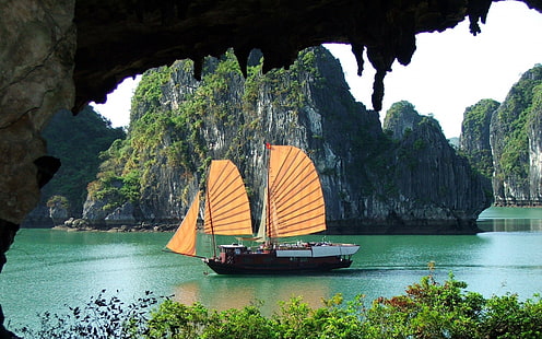 湾、ボート、ボート、帝国、島、ジャングル、ジャンク、風景、長い、南、自然、植物、セーリング、船、空、音、乗り物、ベトナム、水、 HDデスクトップの壁紙 HD wallpaper