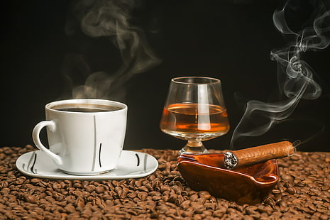 café, taza, cigarro, coñac, grano, Fondo de pantalla HD HD wallpaper