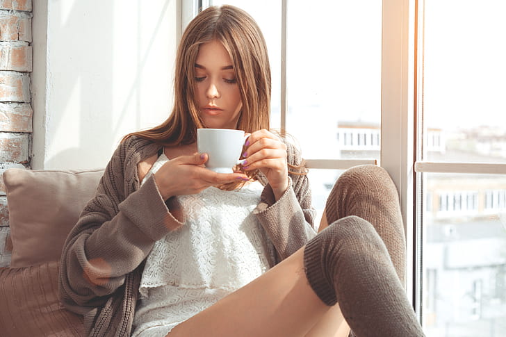 Mädchen, Kaffee, Morgen, Cup, Schön, lächelnd, HD-Hintergrundbild