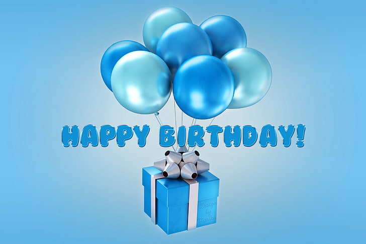 illustration bleue de boîte de cadeau et de ballons, ballons, anniversaire, joyeux anniversaire, bleu, design by Marika, Fond d'écran HD