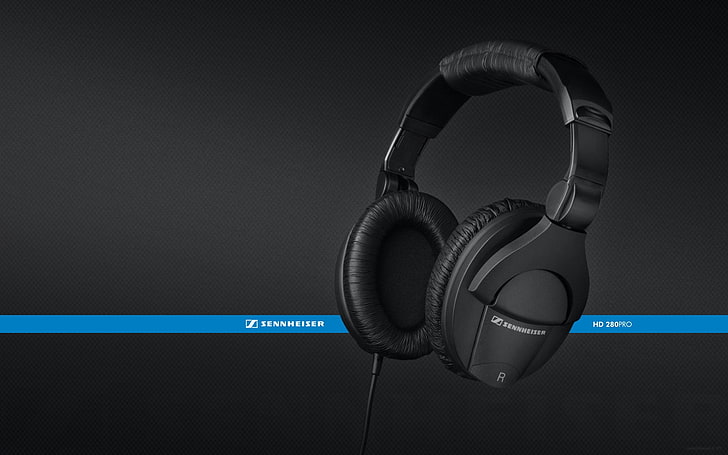 black Sennheiser corded headphones, headphones, sennheiser, hd280pro, background, black, HD wallpaper