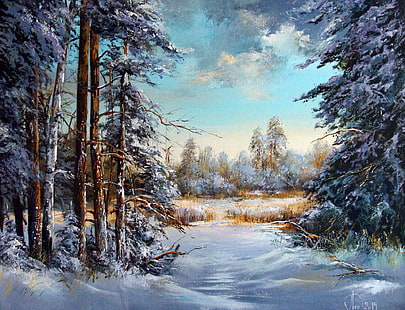 зима, сняг, дървета, пейзаж, масло, картина, живопис, платно, слана и слънце, Александър Леднев, На замръзналата река, HD тапет HD wallpaper