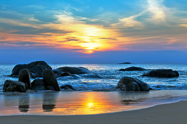 8k, Najlepsze plaże świata, 5k, Ocean Spokojny, 4k, Morze, kamienie, zachód słońca, brzeg, Tapety HD