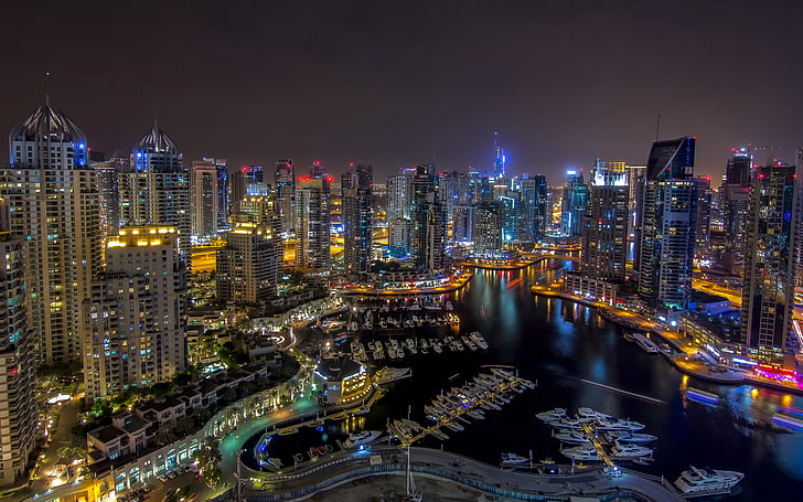 Dubai-night-Wallpaper Hd-Buildings-skyscrapers-marina harbor-lights from the windows, HD wallpaper