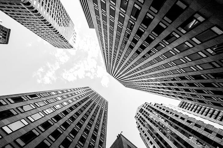 grayscale photo low angle of view of high-rise buildings, I Can, grayscale, photo, low angle, angle of view, high-rise buildings, California, San Francisco, USA, United States of America, architecture, bw, skyscraper, built Structure, building Exterior, downtown District, city, urban Scene, office Building, cityscape, tower, business, modern, tall - High, HD wallpaper
