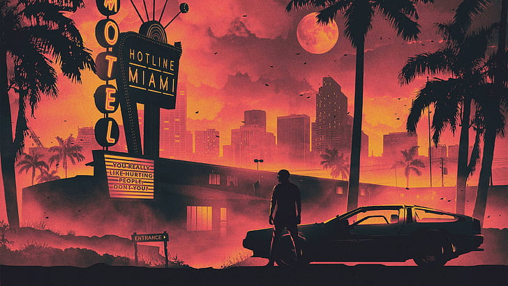 The sun, The city, The game, The moon, People, Machine, Star, Palm trees, Background, Zipper, DeLorean DMC-12, Male, Miami, The hotel, DeLorean, Motel, Hotline Miami, Synthpop, Darkwave, Synth, Retrowave, Synthwave, Hotline, HD wallpaper