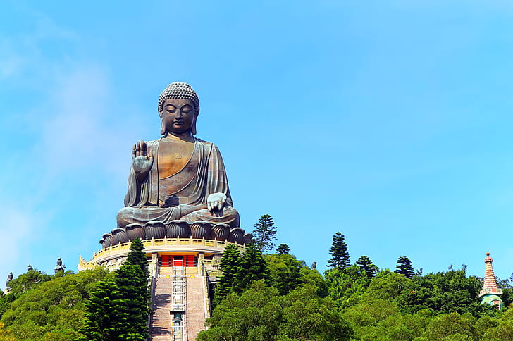 Buddha, Buddhism, Tian Tan Buddha, statue, Hong Kong, meditation, swastika, stairs, trees, forest, clear sky, HD wallpaper