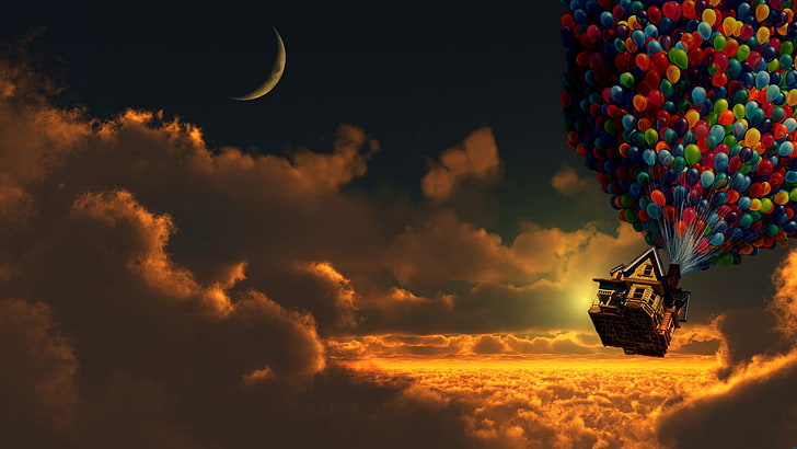 Фильм Disney Up, Up (фильм), Pixar Animation Studios, фильмы, небо, облака, цифровое искусство, чистое небо, луна, воздушный шар, дом, полет, закат, анимационные фильмы, HD обои