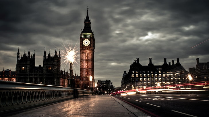 Elizabeth Tower, Inggris, cityscape, kota, bangunan, HDR, Big Ben, lampu, menara jam, London, paparan lama, Wallpaper HD