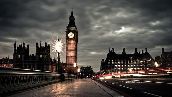 Elizabeth Tower, Inggris, cityscape, kota, bangunan, HDR, Big Ben, lampu, menara jam, London, paparan lama, Wallpaper HD HD wallpaper
