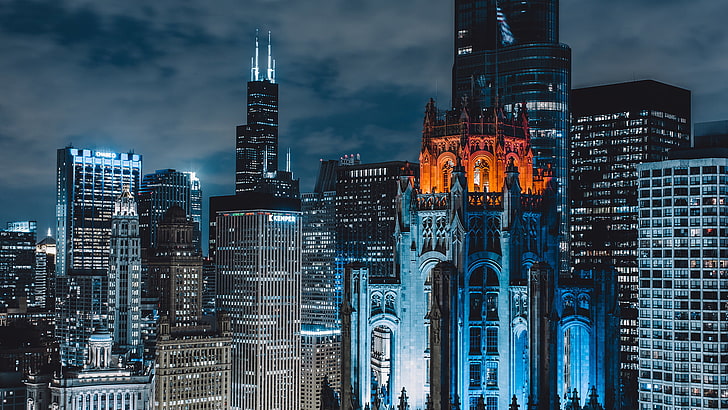 architecture, modern, building, cityscape, skyscraper, city, USA, Chicago, evening, clouds, lights, HD wallpaper
