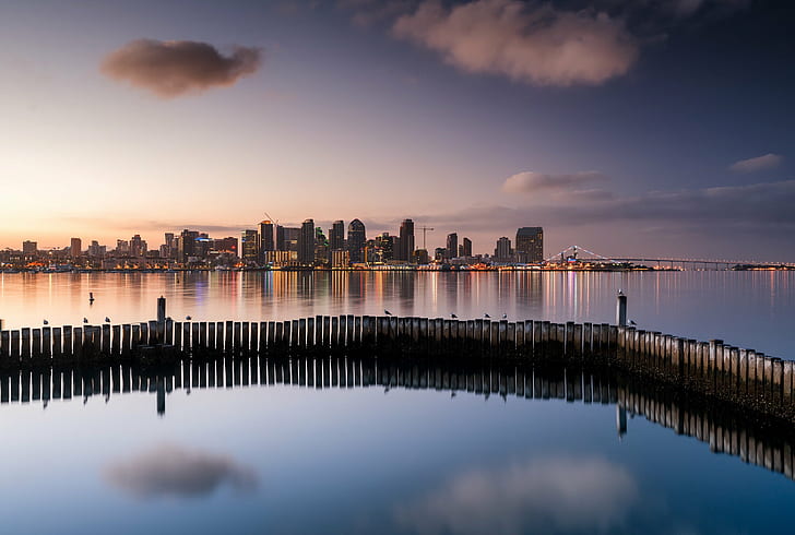 Panoramic photography of city beside body of water during daytime, san diego, san diego, Sunrise, Panoramic photography, city, body of water, daytime, skyline, San DIego  California, reflection, harbor, bay, morning, birds, pigeon, clouds, urban Skyline, cityscape, night, sunset, skyscraper, architecture, downtown District, dusk, HD wallpaper