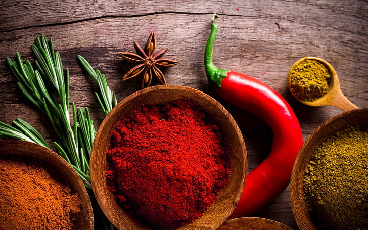 chili powder and red chili pepper, pepper, spices, vegetables, HD wallpaper